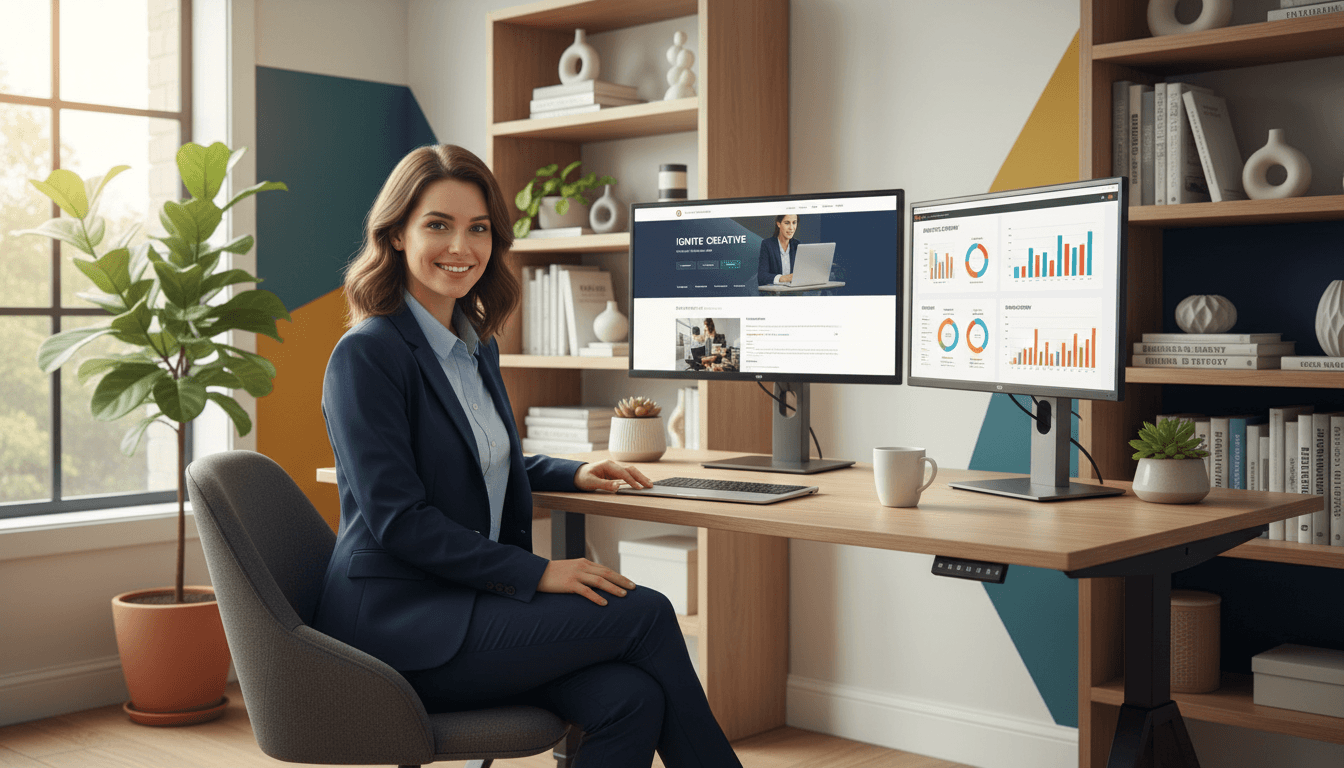 Business owner reviewing their professional website on screen