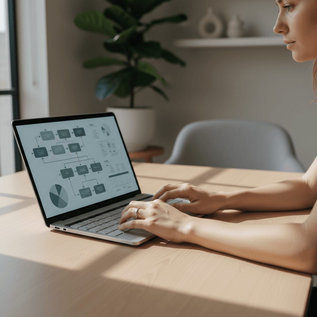 Small business owner confidently working at desk with laptop