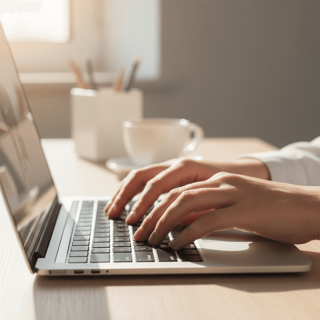 Hands typing on laptop in a small business office