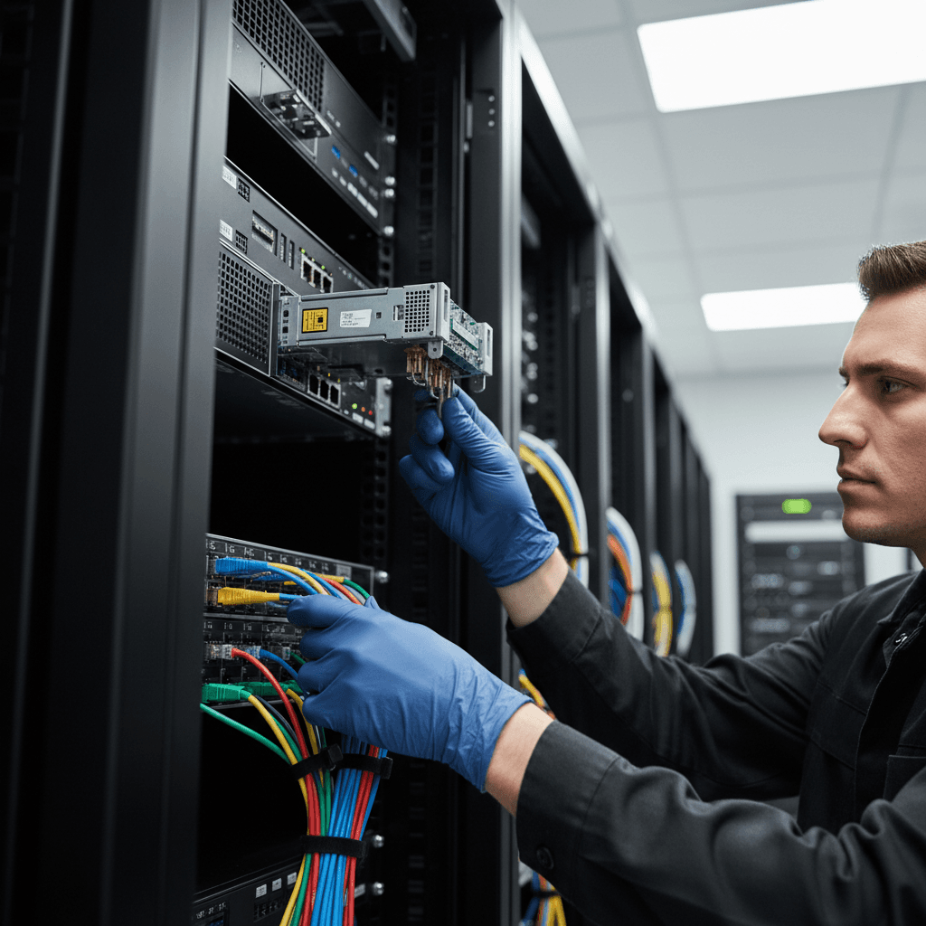 Network cable being securely connected to server rack